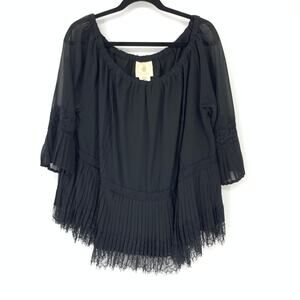 Muche Muchette Women's O/S Off the Shoulder Pleated Lace Trim Blouse Black NWT